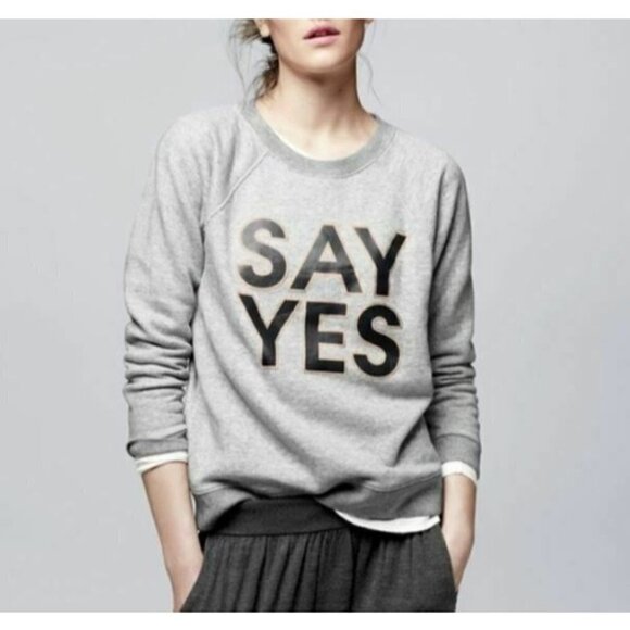 J Crew Say Yes Sweatshirt Womens Medium Metallic Graphic Sweater Gray Boho - Picture 1 of 8